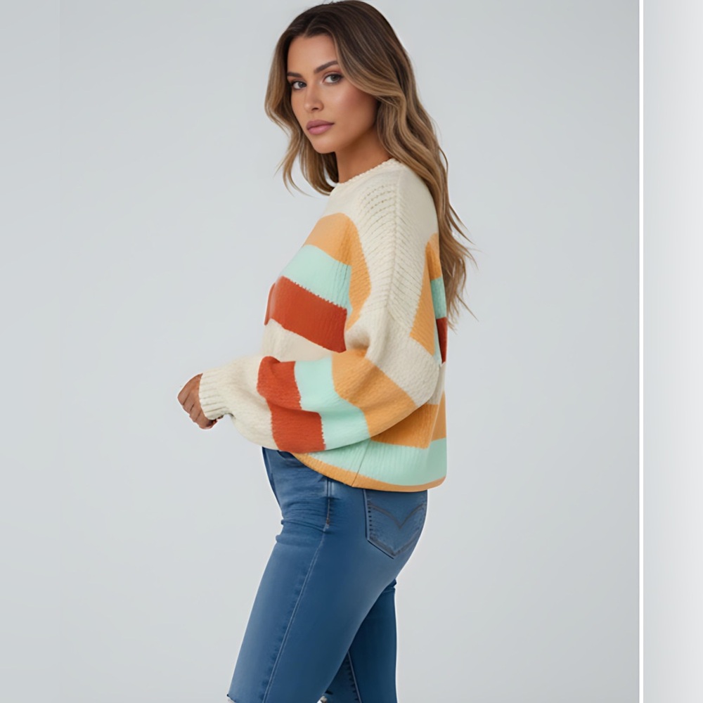 Chic Color Block Crew Neck Long Sleeve Knitted Sweater - Picture 4 of 5